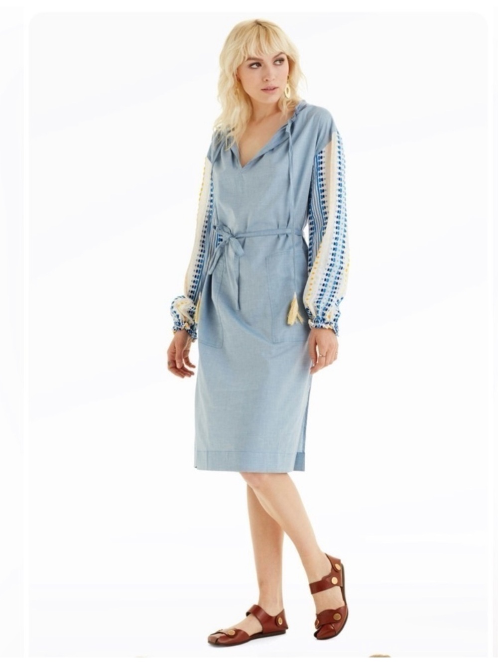 Lemlem Chambray Poet Dress with Embroidered Sleeves - Light Blue